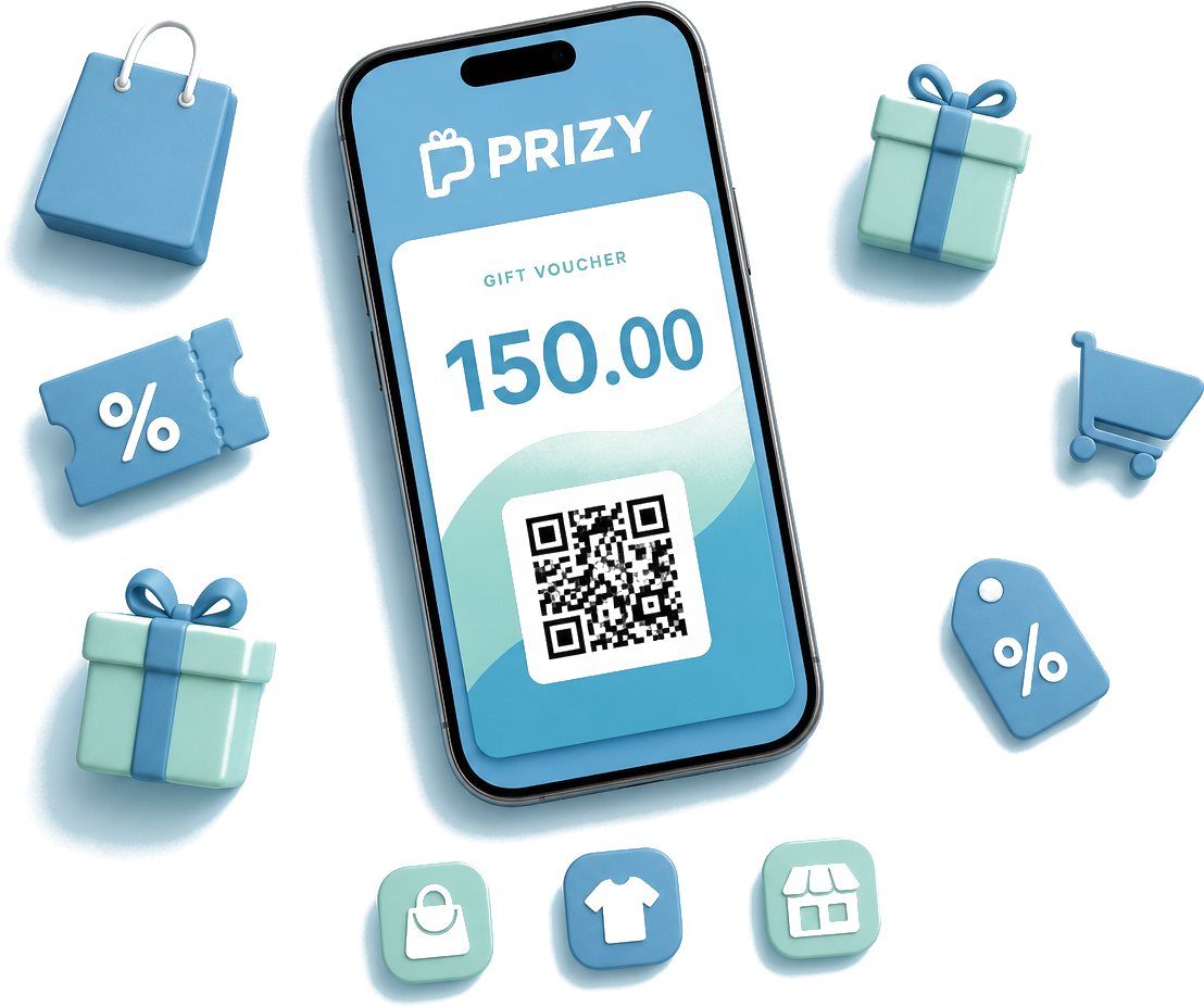 Bon Prizy sur smartphone entouré d'icônes shopping