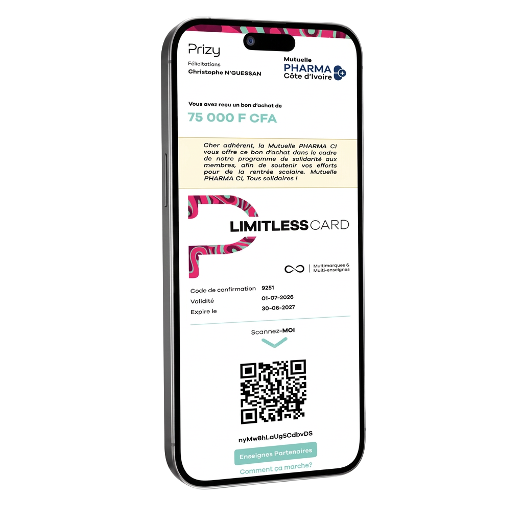 Bon d'achat Prizy Limitless Card affiché sur smartphone