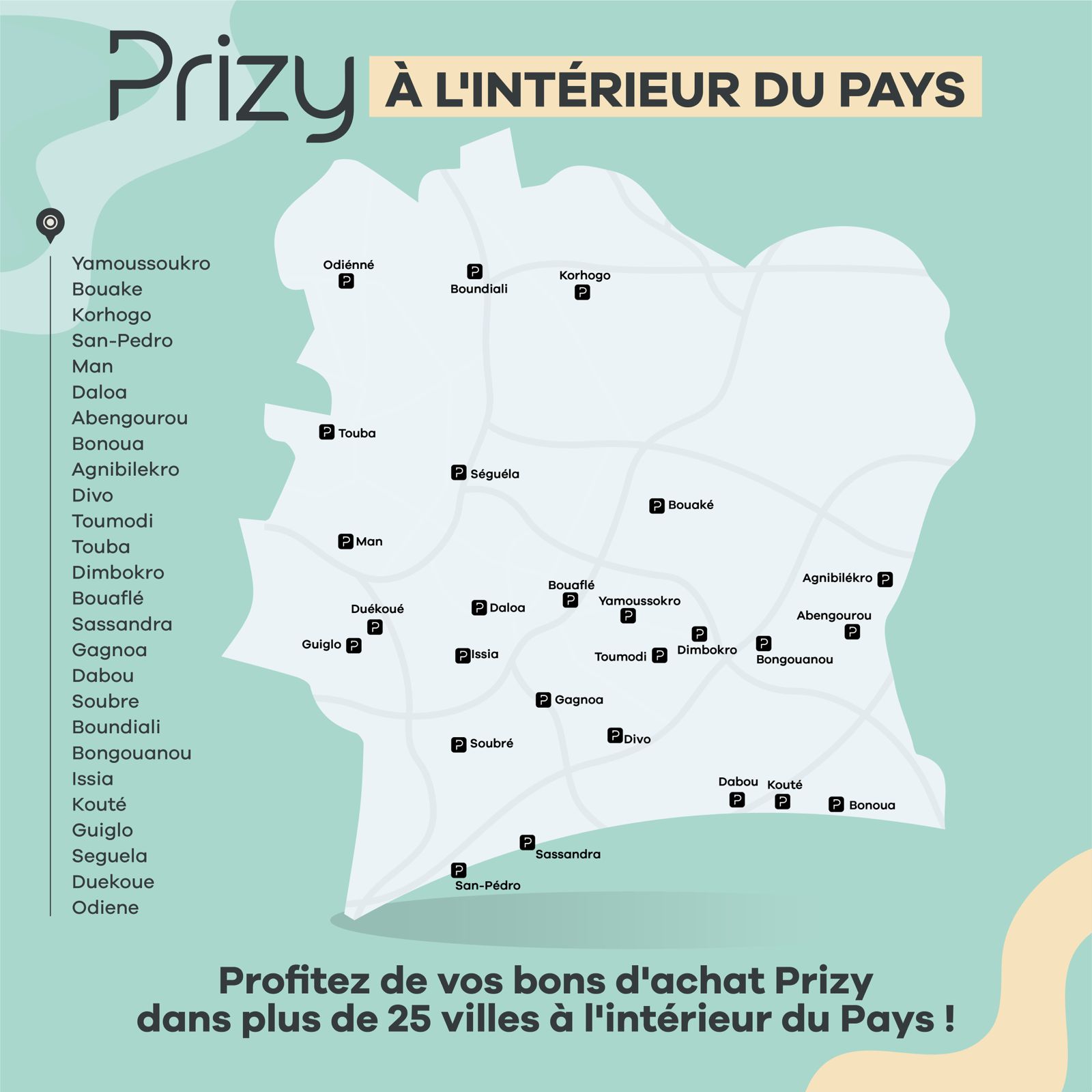 Carte du réseau Prizy en Côte d'Ivoire — 160 magasins dans 26 villes
