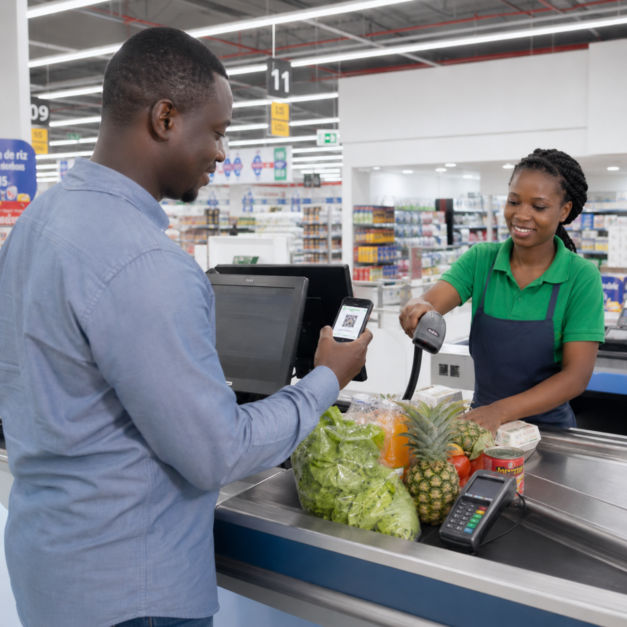 Un bénéficiaire présente son QR code Prizy en caisse d'un supermarché ivoirien.