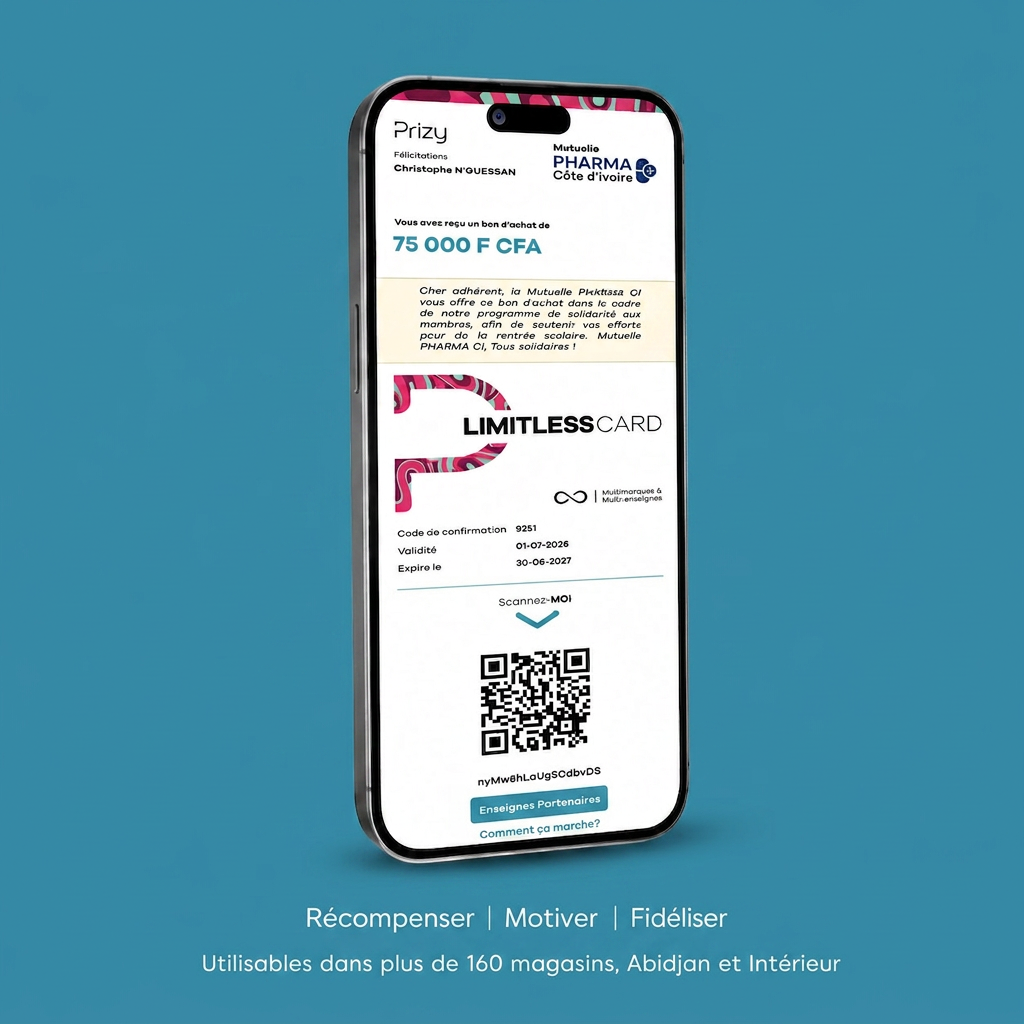 Bon d'achat multi enseignes Prizy sur smartphone, accepté dans plus de 160 magasins en Côte d'Ivoire