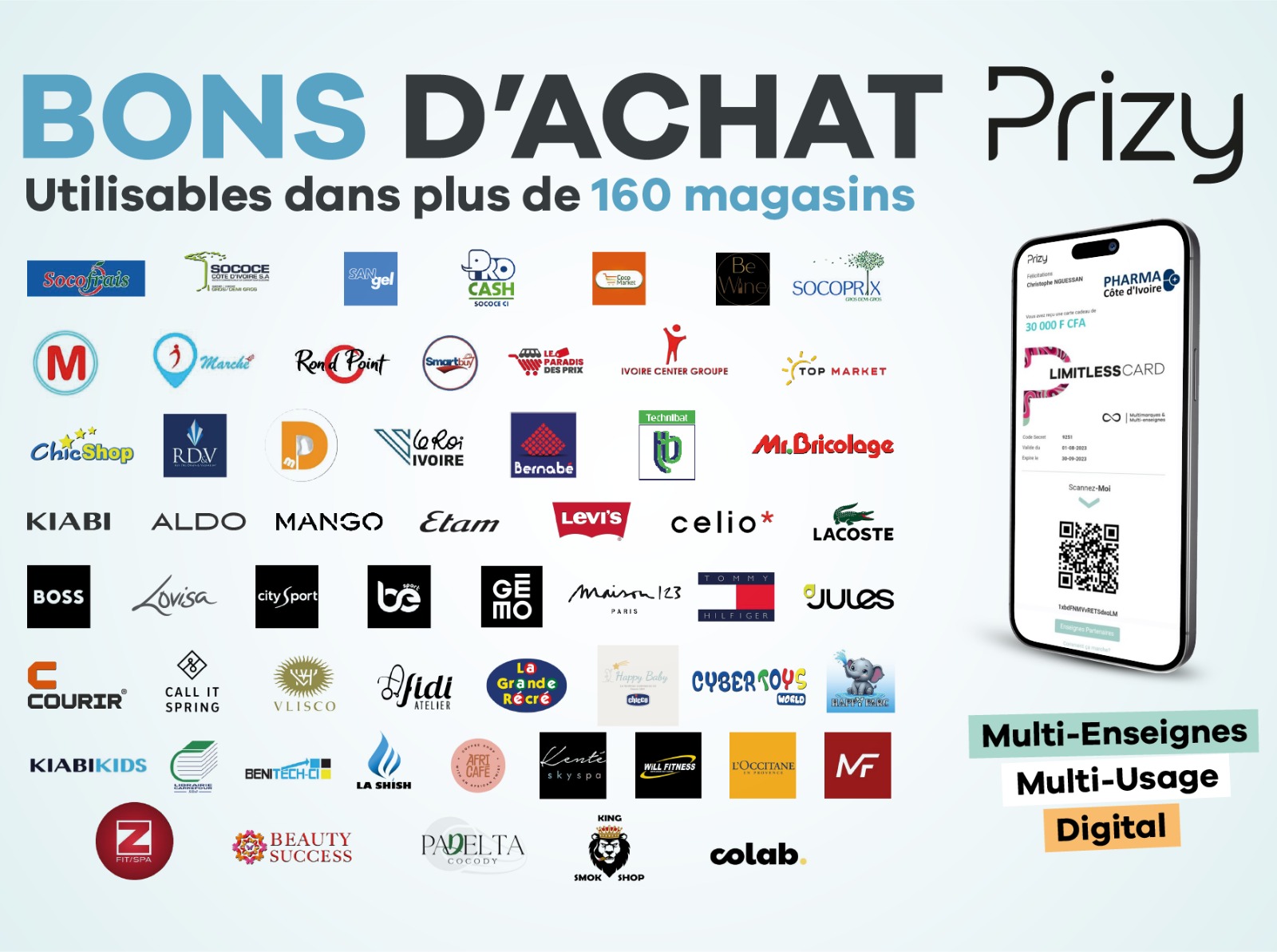 Bons d'achat Prizy utilisables dans plus de 160 magasins partenaires