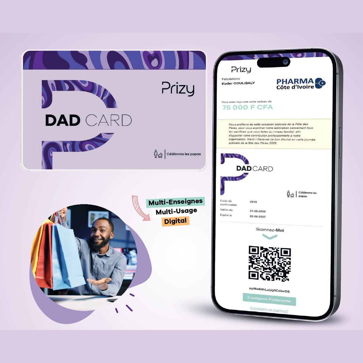 Dad Card PRIZY digitale avec téléphone, QR code et réseau multi enseignes